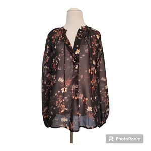 'A New Day' Black Sheet Peasant Blouse with Burnt Orange Floral Pattern - Size L